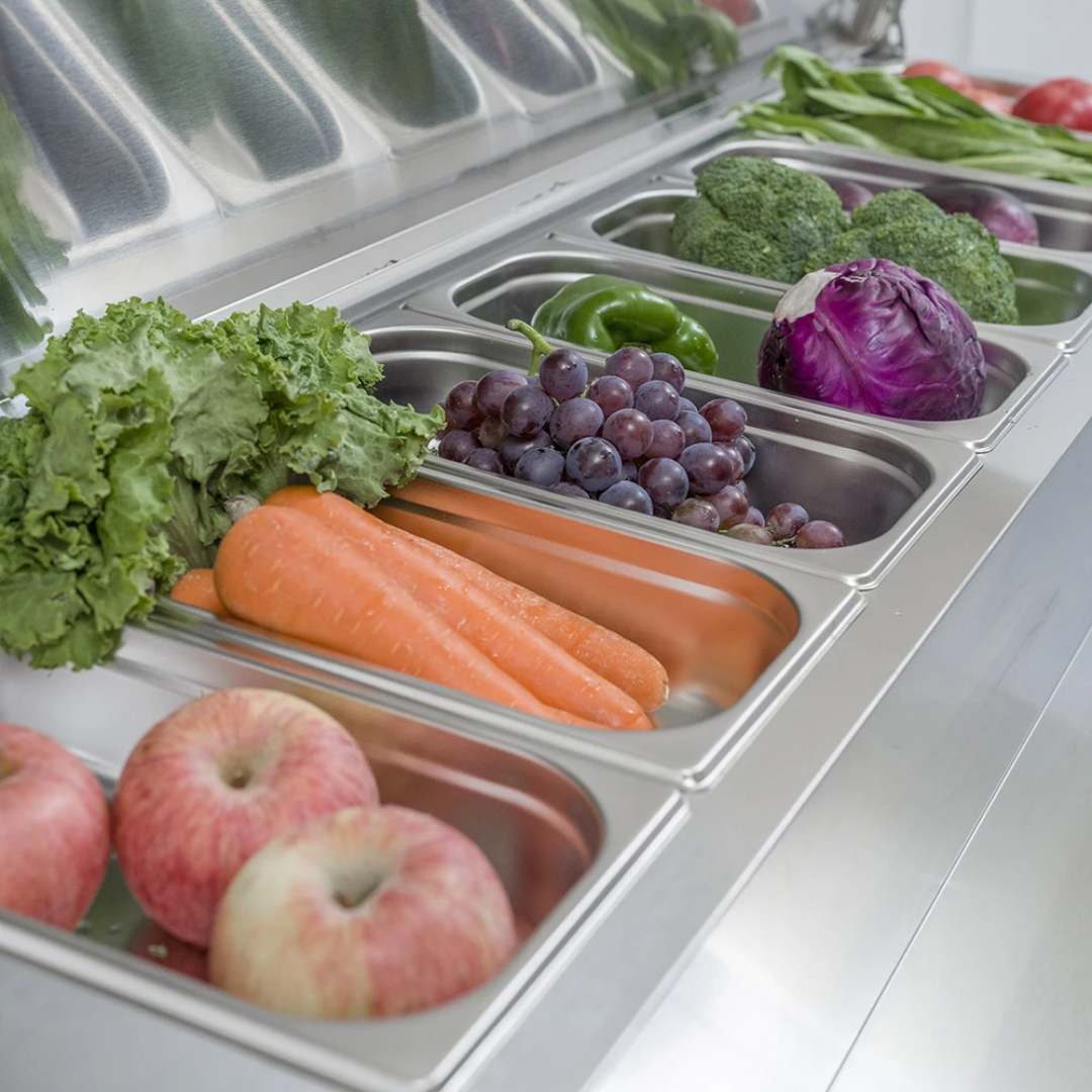 Commercial Countertop Refrigerated Topping Rail – 4 Division/GN 1/3 – 1200×395 mm – Glass Canopy