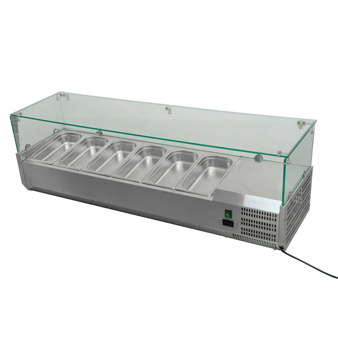 Commercial Countertop Refrigerated Topping Rail – 4 Division/GN 1/3 – 1200×395 mm – Glass Canopy