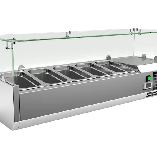 Commercial Countertop Refrigerated Topping Rail – 4 Division/GN 1/3 – 1200×395 mm – Glass Canopy
