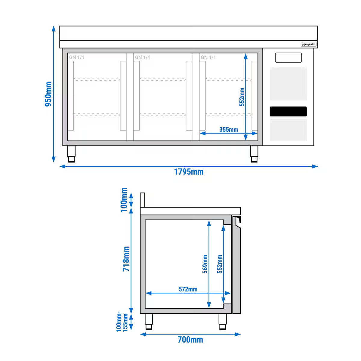 3 Door Commercial Undercounter Refrigerator -1795mm x 700mm x 850mmH