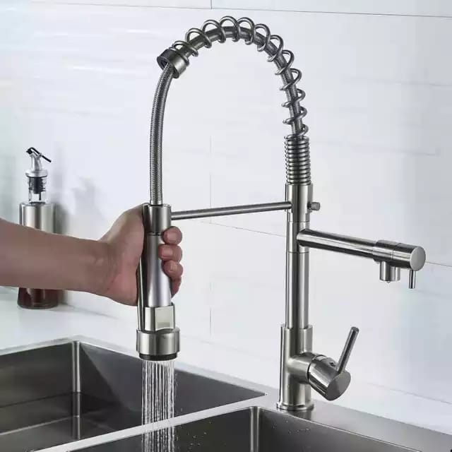 Sturdy Silver Pull Out Spring Kitchen Sink Faucet With Single Handle Water Tap