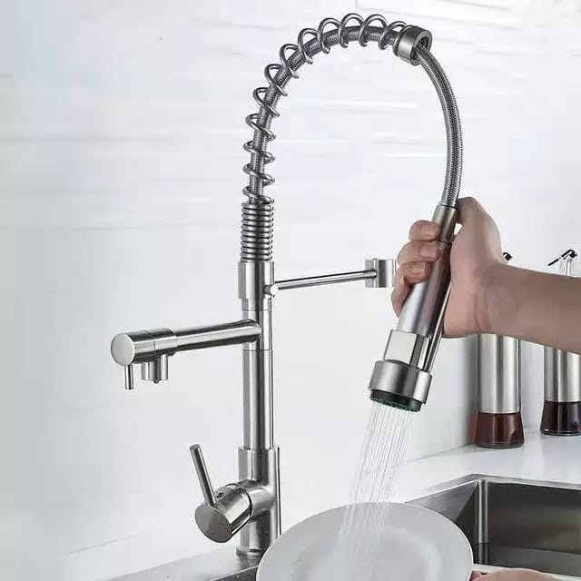 Sturdy Silver Pull Out Spring Kitchen Sink Faucet With Single Handle Water Tap