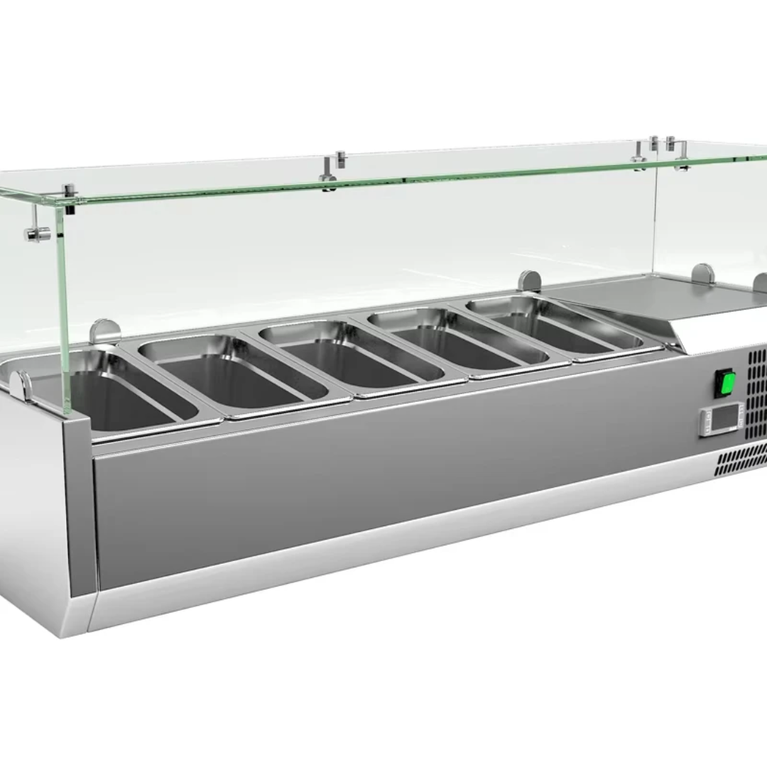 Commercial Countertop Refrigerated Topping Rail – 4 Division/GN 1/3 – 1200×395 mm – Glass Canopy