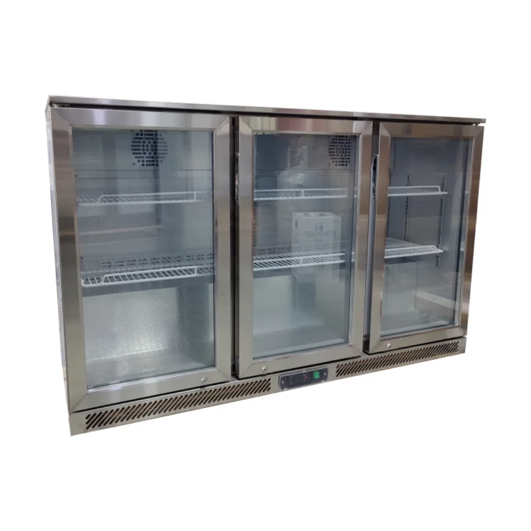 Commercial Back Bar Cooler 3 Glass Swing Doors 320 L PREMIUM – Stainless Steel - 1350 mm - 2 Shelves - +2 to +8 °C