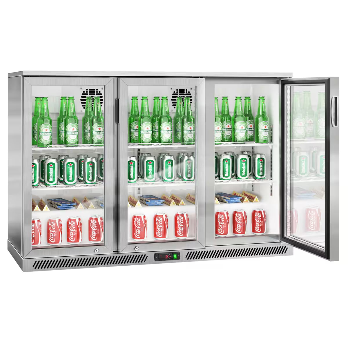 Commercial Back Bar Cooler 3 Glass Swing Doors 320 L PREMIUM – Stainless Steel - 1350 mm - 2 Shelves - +2 to +8 °C