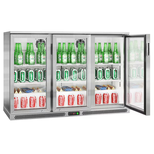 Commercial Back Bar Cooler 3 Glass Swing Doors 320 L PREMIUM – Stainless Steel - 1350 mm - 2 Shelves - +2 to +8 °C