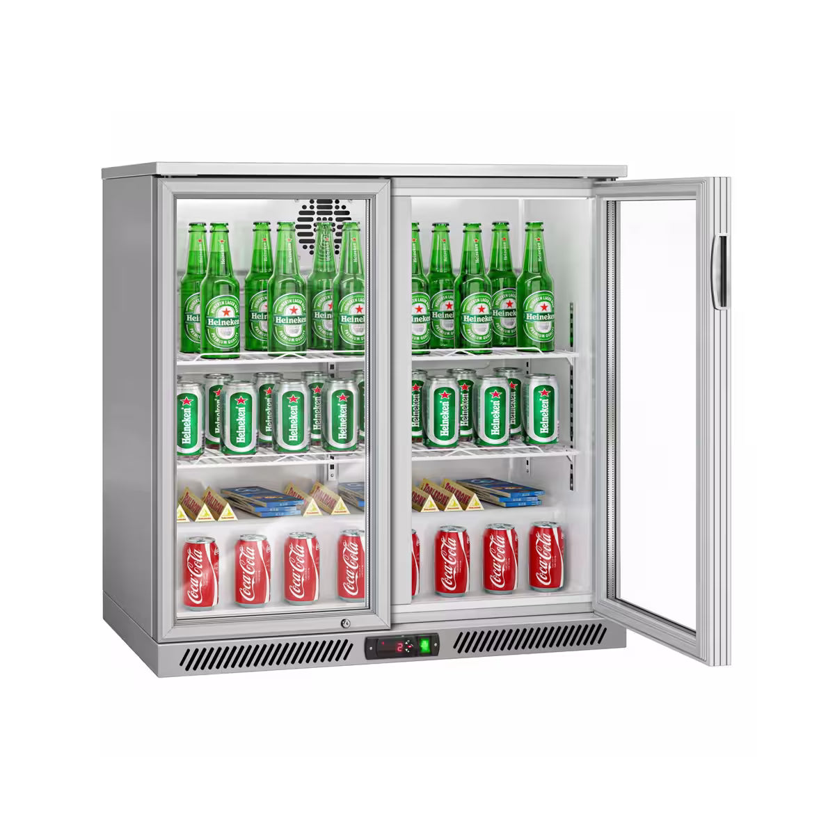 Commercial Back Bar Cooler 2 Glass Swing Doors 220 L PREMIUM – Stainless Steel - 900 mm - 2 Shelves - +2 to +8 °C