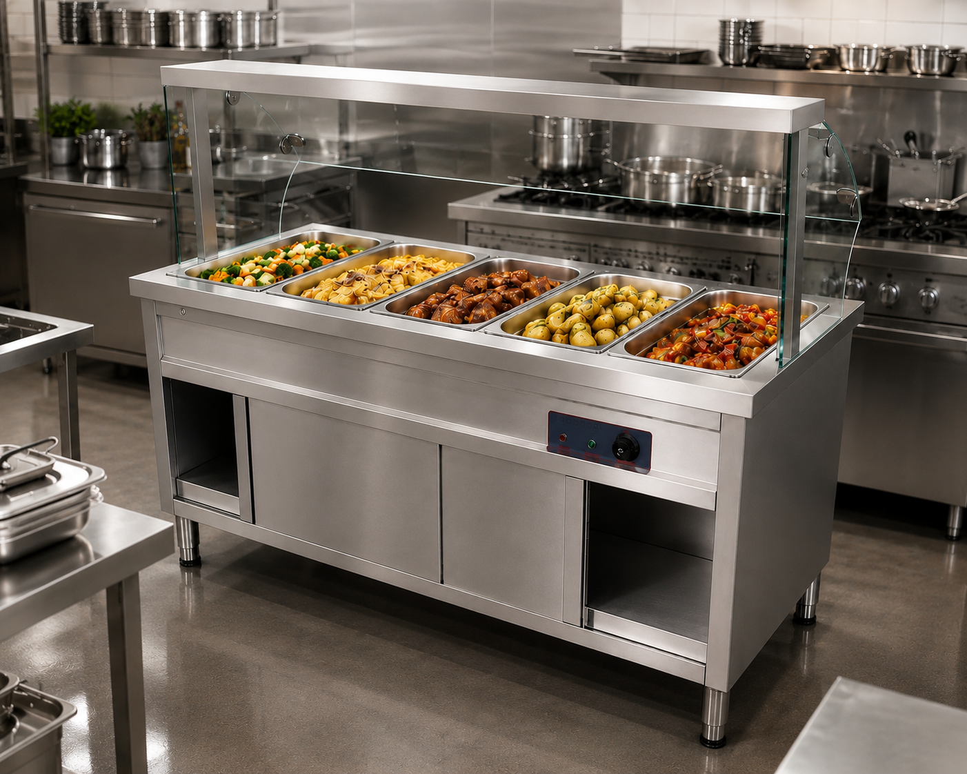 Bain Marie Food Warmer with Glass Sneeze Guard – 5 Division-  1800mm x 700mm x 900mm+500mmH