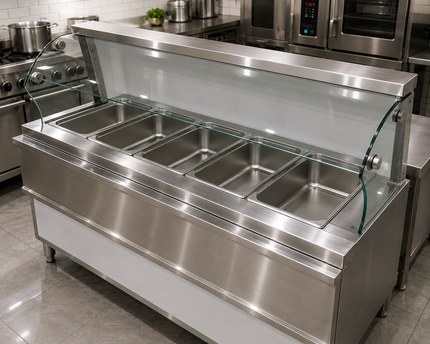 Bain Marie Food Warmer with Glass Sneeze Guard – 5 Division-  1800mm x 700mm x 900mm+500mmH