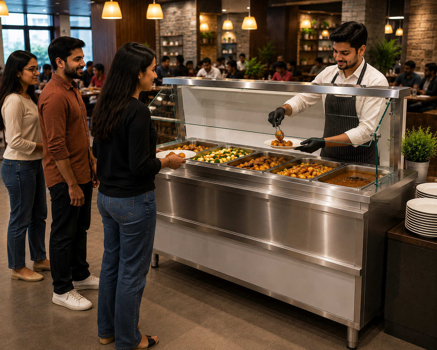 Bain Marie Food Warmer with Glass Sneeze Guard – 5 Division-  1800mm x 700mm x 900mm+500mmH