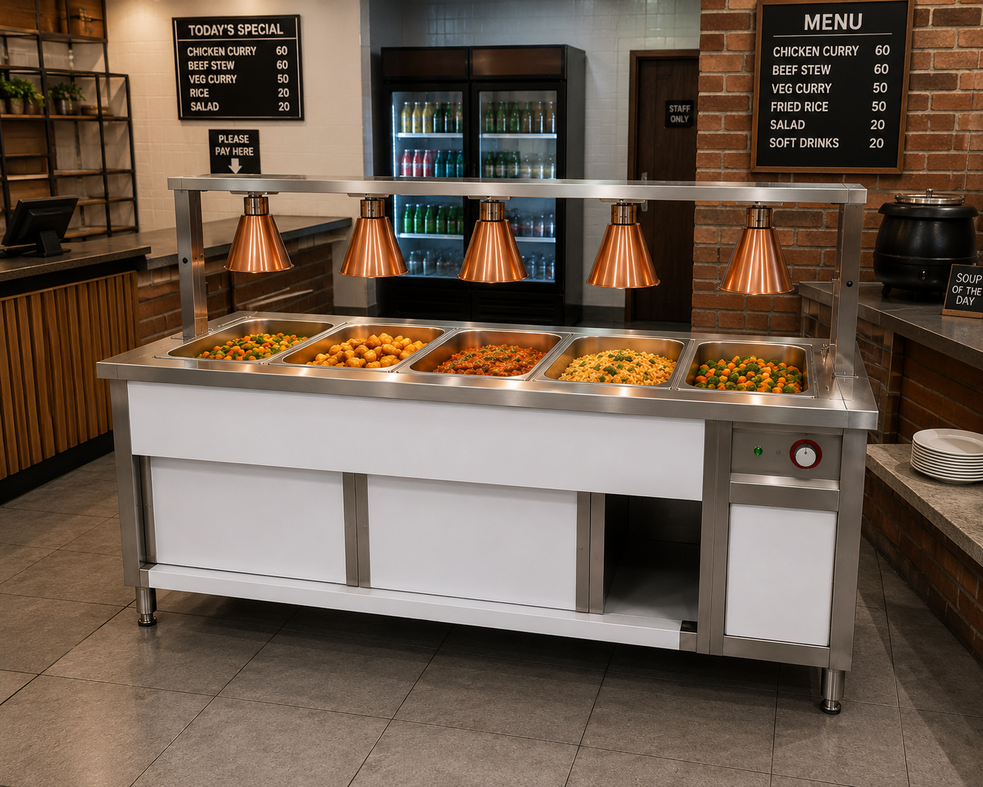 Bain Marie 5 Division with 5 Heat Lamps – 1800mm × 700mm x 900mm+500mmH