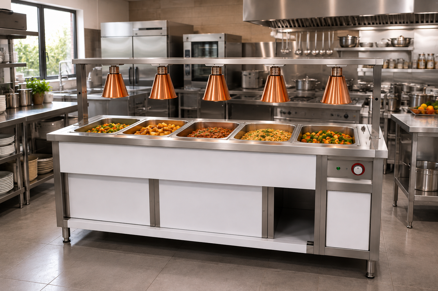 Bain Marie 5 Division with 5 Heat Lamps – 1800mm × 700mm x 900mm+500mmH