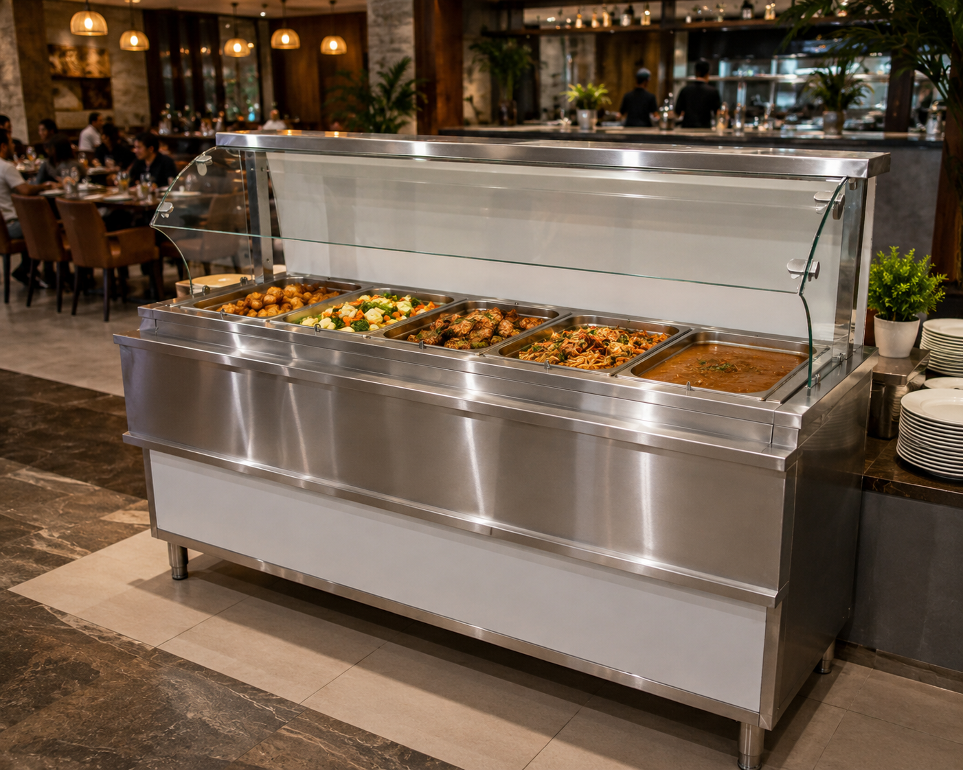 Bain Marie Food Warmer with Glass Sneeze Guard – 5 Division-  1800mm x 700mm x 900mm+500mmH