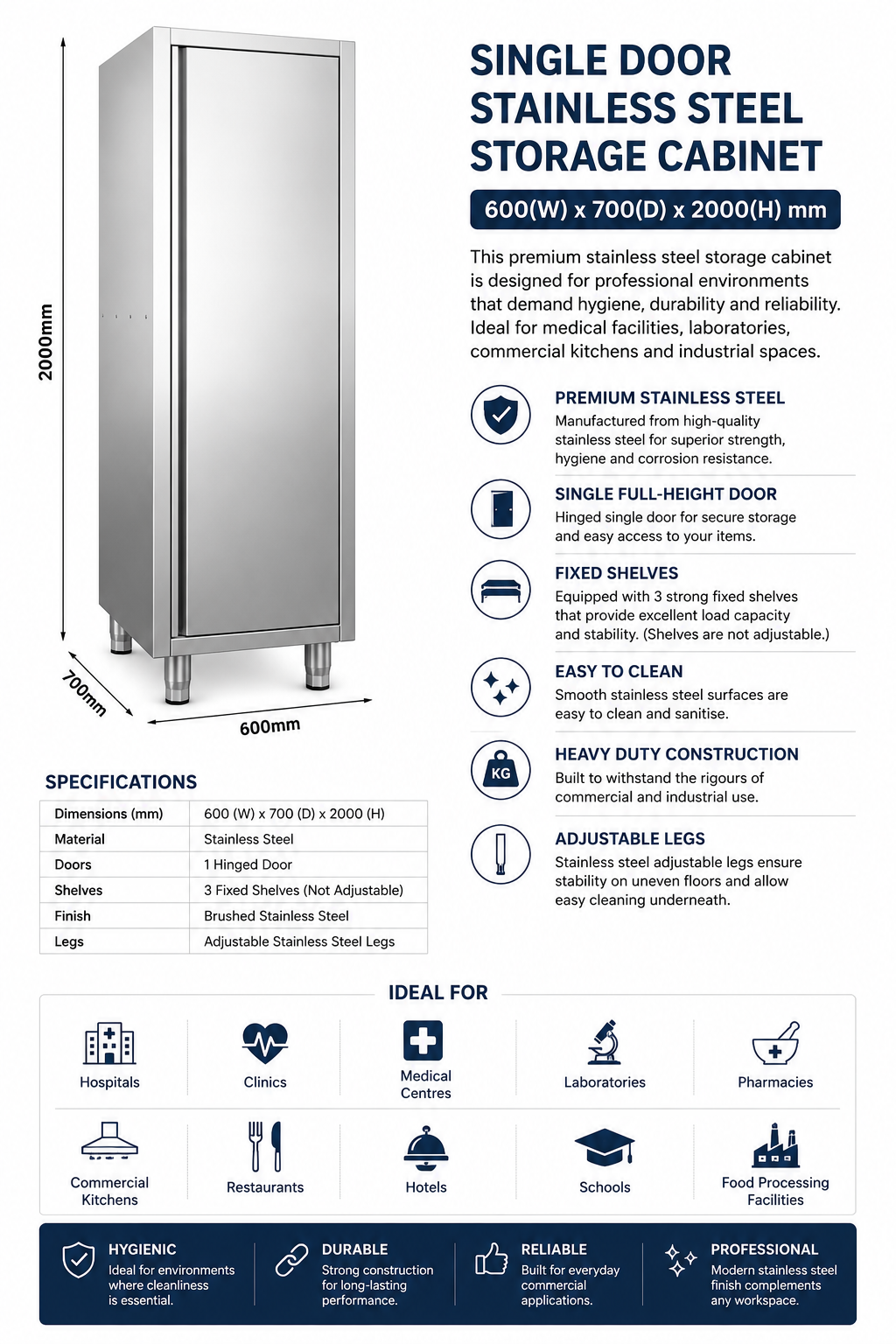 Single Door Stainless Steel Storage Cabinet – 600(W) x 700(D) x 2000(H) mm
